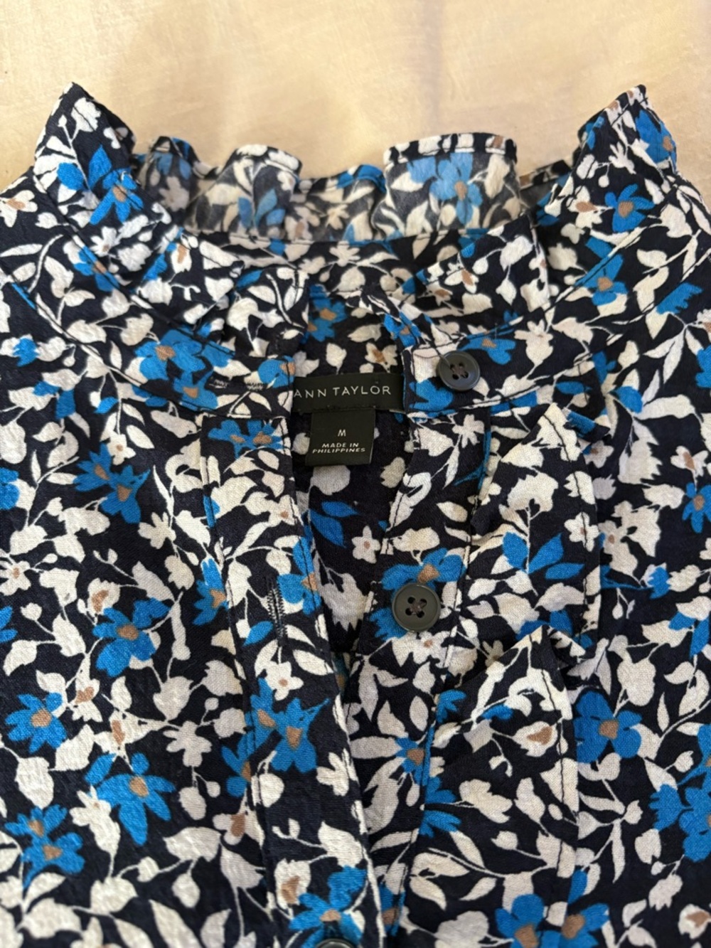 Ann Taylor Black Blouse with White & Blue Floral Print - Picture 2 of 3